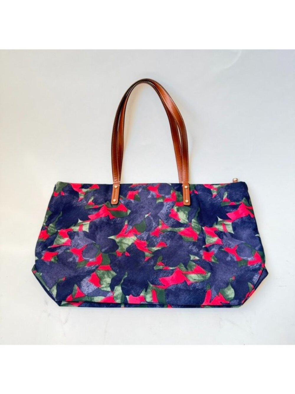 Le Tanneur Floral Tote Bag Multicolor Nylon Brown Leather Shoulder Bag